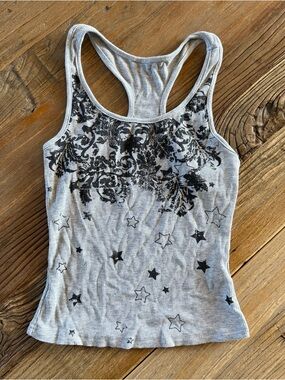 Women’s Gray Ribbed Racerback Tank Crop with Black Floral & Star Print